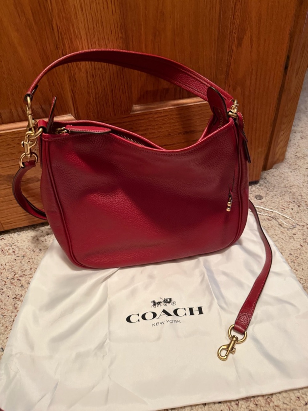 Coach Red Cary Pebbled Leather Shoulder Bag with Gold Hardware - Picture 3 of 3